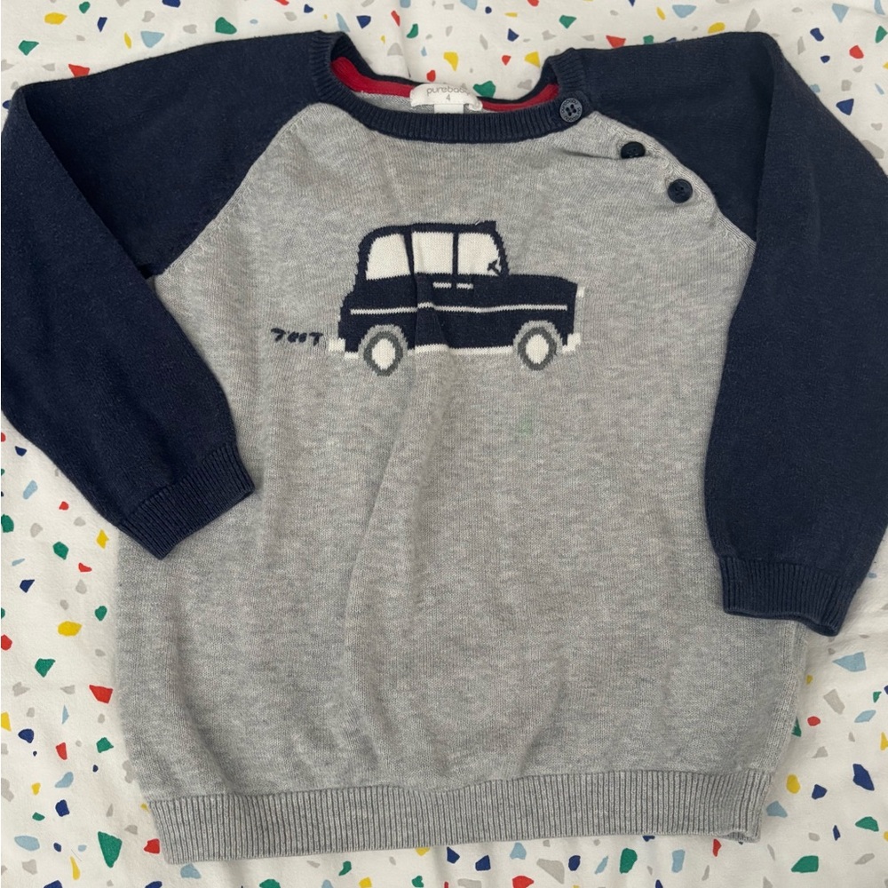 PureBaby Knit sweater - Gray and Navy Sweater with Car Design
